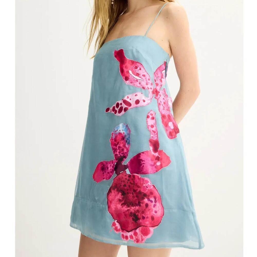 AMUR Fran Dress 100% Silk Floral Orchid Print Sleeveless Mini Slip Blue Pink 0 - Picture 2 of 12